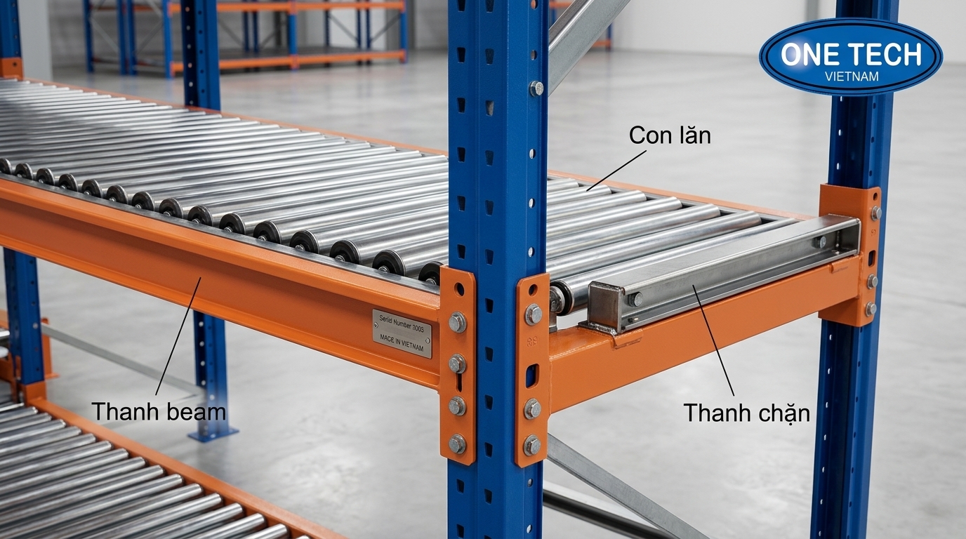 Cấu tạo kệ flowrack và kệ con lăn chịu tải Cấu tạo kệ flowrack gồm khung thép beam con lăn và thanh chặn