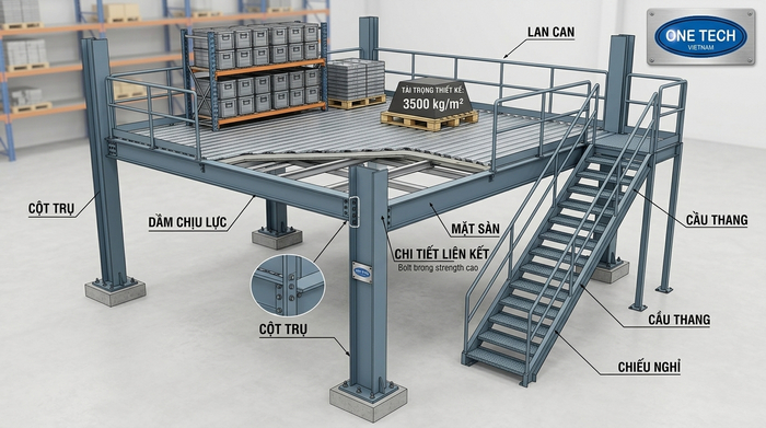 Cấu tạo kệ sàn mezzanine chịu tải nặng Cấu tạo kệ sàn mezzanine gồm cột trụ beam mặt sàn lan can cầu thang