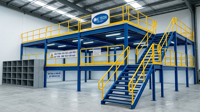 Kệ sàn mezzanine thực tế mẫu 2 Hệ kệ sàn mezzanine thực tế có cầu thang và lan can an toàn