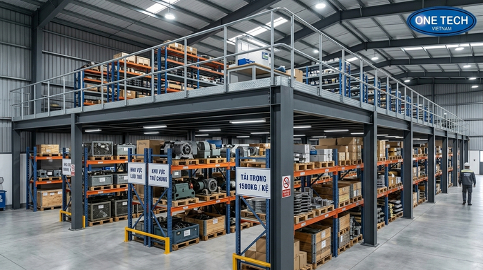 Kệ sàn mezzanine kết hợp kệ kho Kệ sàn mezzanine kết hợp kệ kho ở tầng dưới