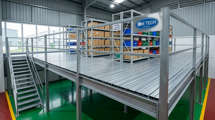 Mặt sàn tôn gân kệ mezzanine thực tế Mẫu kệ sàn mezzanine có mặt sàn tôn gân chắc chắn