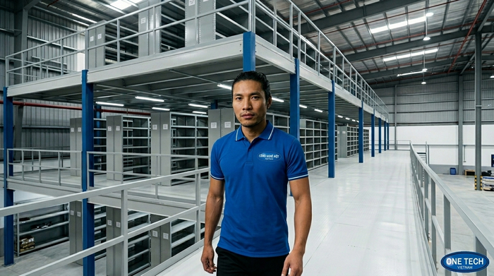 Hành lang kệ mezzanine thực tế Kệ mezzanine có hành lang rộng cho người vận hành