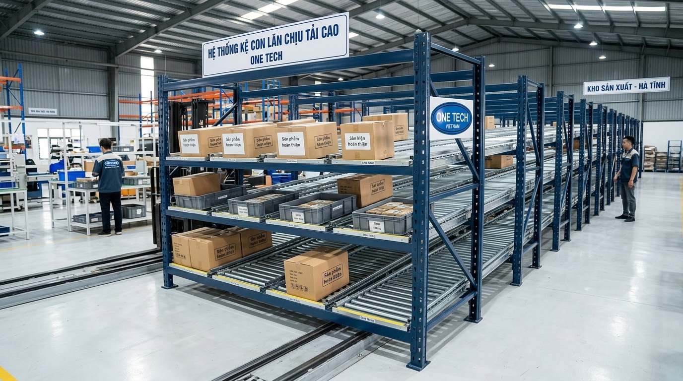 Kệ con lăn chịu tải cao cho kho sản xuất Hà Tĩnh Kệ con lăn chịu tải cao dùng cho kho sản xuất tại Hà Tĩnh
