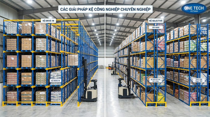 So sánh kệ drive in và kệ selective trong kho pallet