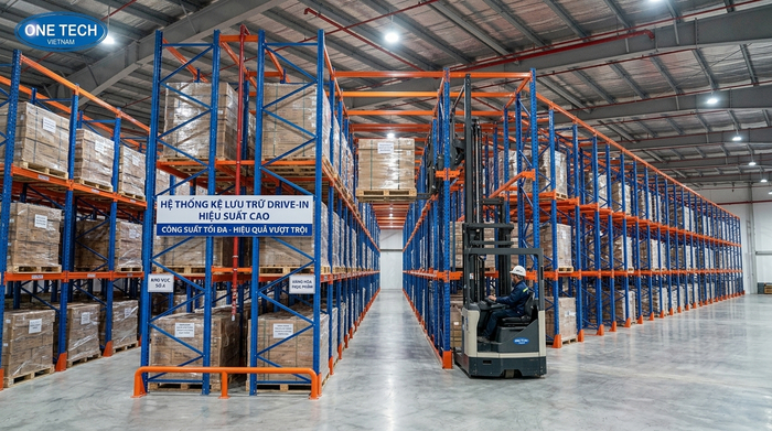 Xe nâng di chuyển vào hệ thống kệ drive in để xếp pallet