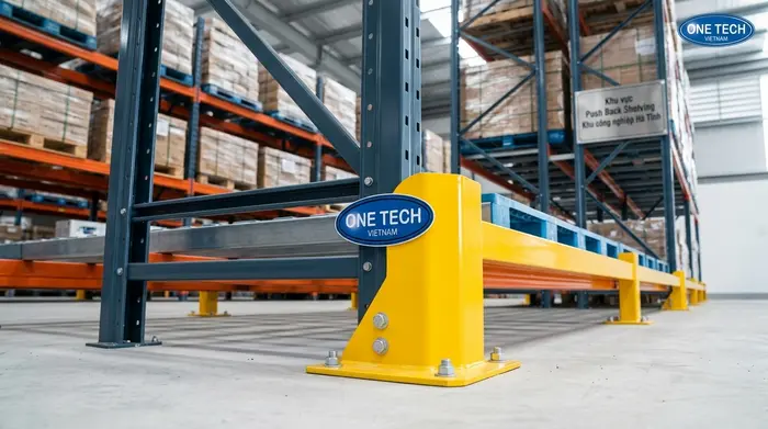 Bảo vệ chân kệ Push Back khi xe nâng vận hành Chân bảo vệ Kệ Push Back trong kho hàng tại Hà Tĩnh