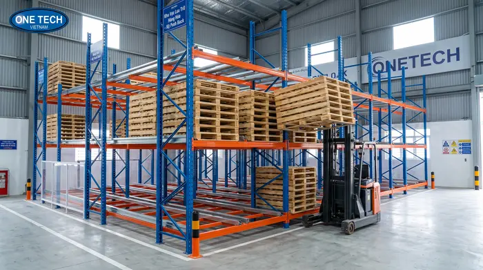 Cơ chế hoạt động của Kệ Push Back Hà Tĩnh Cơ chế đẩy lùi pallet của Kệ Push Back Hà Tĩnh