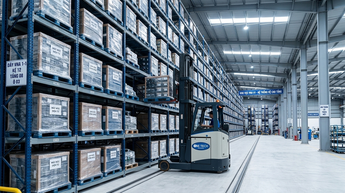 Lối đi hẹp trong hệ thống kệ VNA Lối đi hẹp của kệ VNA tại kho hàng Hà Tĩnh