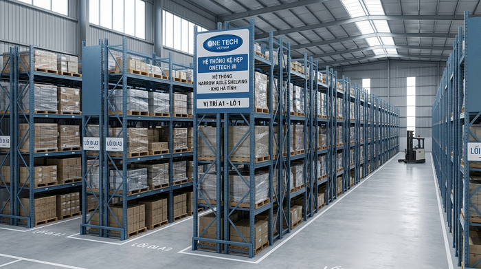Layout kệ narrow aisle tối ưu diện tích kho Mặt bằng bố trí Kệ Narrow Aisle Hà Tĩnh với lối đi hẹp
