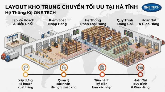 Sơ đồ bố trí khu nhập hàng, phân loại và xuất hàng cho kho trung chuyển Hà Tĩnh