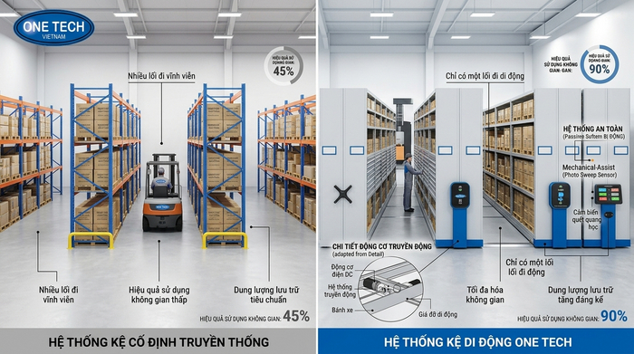 So sánh kệ cố định và kệ kho di động So sánh kệ cố định và kệ kho di động giúp tăng sức chứa kho hàng