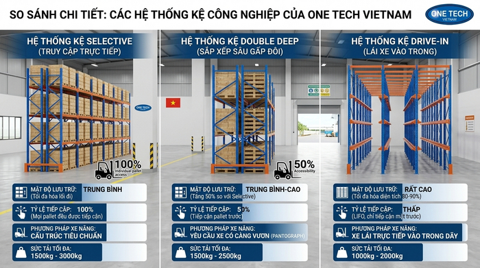 So sánh kệ Double Deep Selective Drive-In tại Hà Tĩnh So sánh kệ Double Deep Selective và Drive-In cho kho hàng Hà Tĩnh