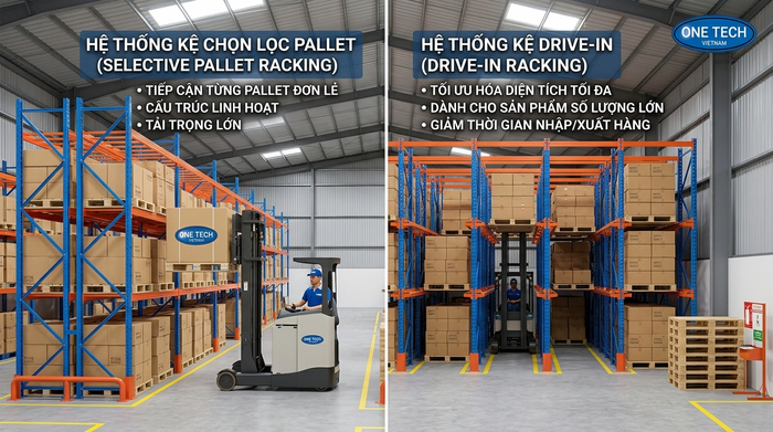 So sánh kệ Selective và kệ Drive-In