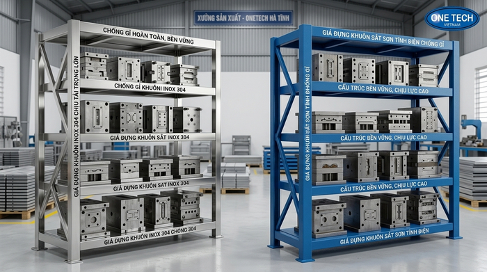 So sánh vật liệu kệ khuôn cho môi trường Hà Tĩnh So sánh kệ khuôn inox công nghiệp và kệ khuôn sắt có sơn chống rỉ tại Hà Tĩnh