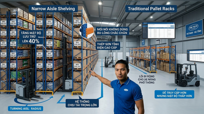 So sánh lối đi kệ narrow aisle và kệ truyền thống So sánh kệ narrow aisle và kệ pallet truyền thống tại Hà Tĩnh