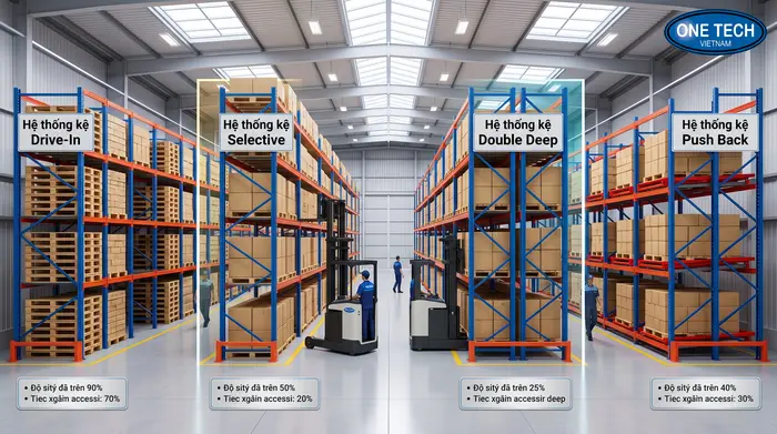 So sánh Kệ Push Back với các hệ kệ kho hàng khác So sánh Kệ Push Back với kệ Selective và Drive In