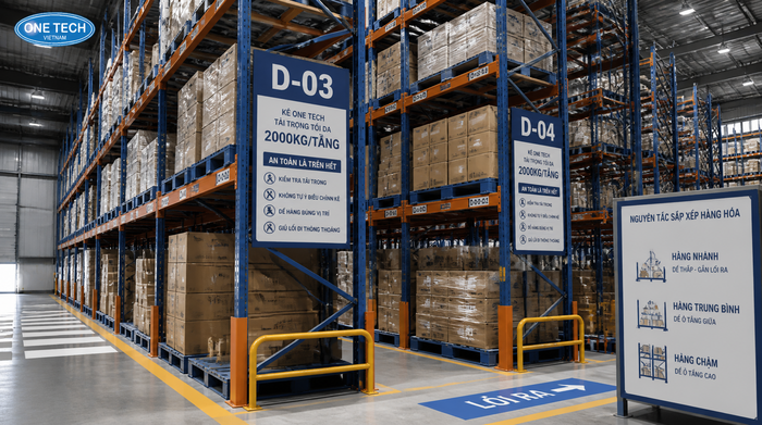 Biển mã vị trí và tem tải trọng trên kệ kho logistics Hà Tĩnh