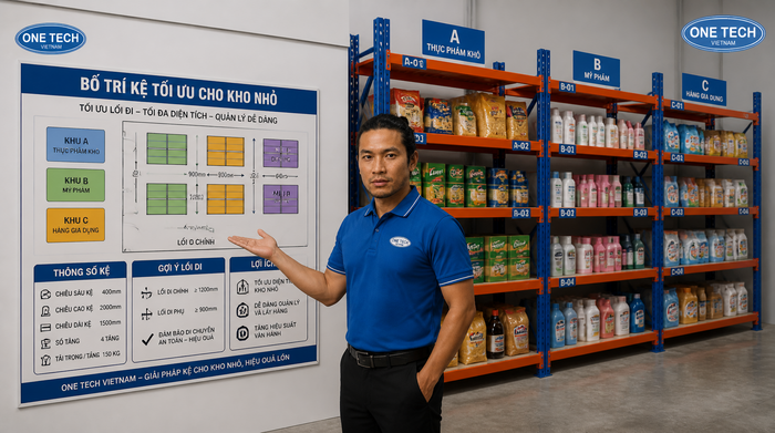 Sơ đồ bố trí kệ tải trọng nhẹ trong kho nhỏ giúp tối ưu lối đi