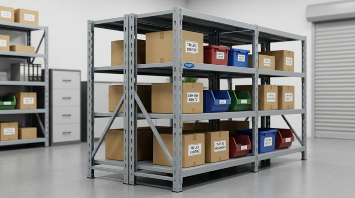 Cấu tạo kệ tải trọng nhẹ với chân trụ, mâm tầng và thanh giằng
