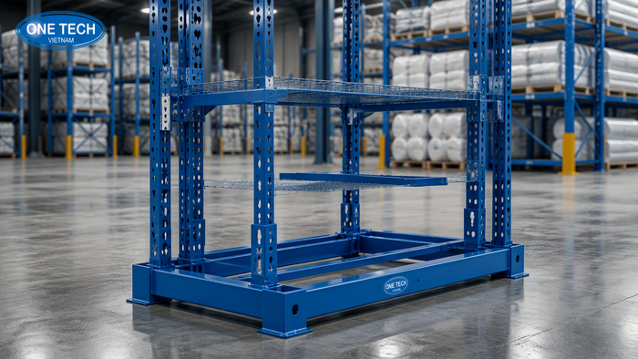 Cấu tạo kệ xếp chồng cho kho Hà Tĩnh Cấu tạo kệ xếp chồng gồm khung đáy chân trụ và mặt sàn