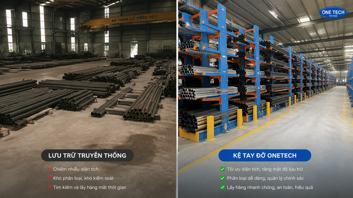 Kho ống thép tối ưu hơn khi dùng kệ chuyên dụng So sánh kho ống thép xếp nền và sử dụng kệ tay đỡ