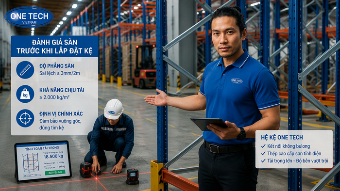 Kiểm tra nền kho trước khi lắp kệ tải trọng nặng cho kho hàng