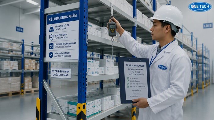 Kiểm tra tải trọng và nghiệm thu kệ kho dược phẩm Kiểm tra tải trọng kệ kho dược phẩm trước khi bàn giao