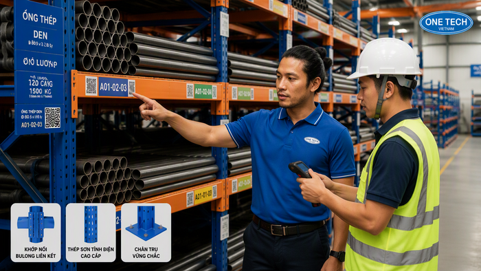 Quản lý vị trí hàng hóa trên kệ để ống thép Tem nhãn vị trí trên kệ để ống thép giúp kiểm kê nhanh