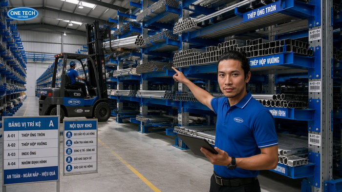 Bố trí kệ để ống thép phù hợp xe nâng Xe nâng lấy ống thép trên kệ tay đỡ trong kho công nghiệp